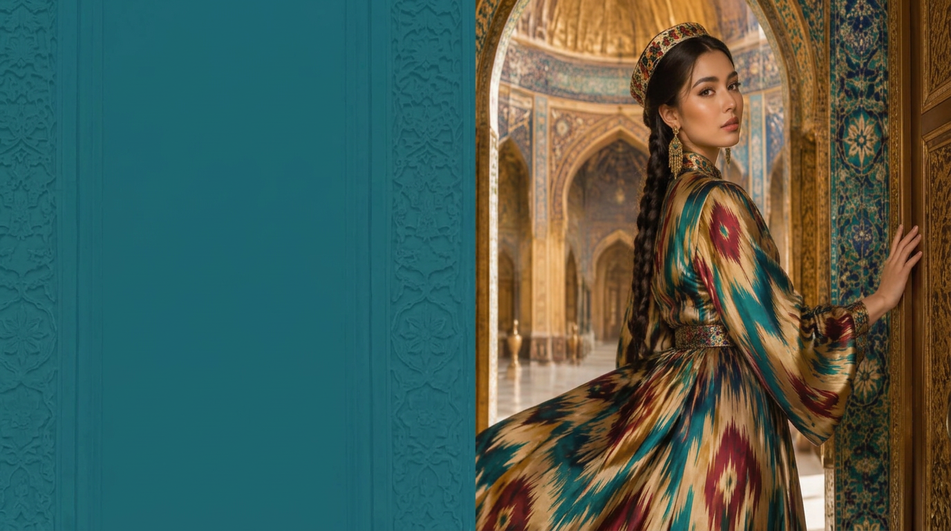 Mina Nurjan banner featuring an Atlas silk dress in an ornate archway